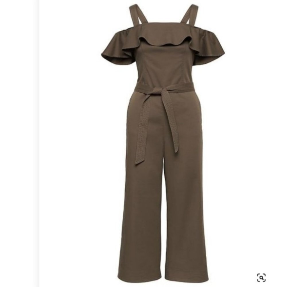 Banana Republic Womens Off-The-Shoulder Cropped Wide-Leg Jumpsuit Dark Olive 6